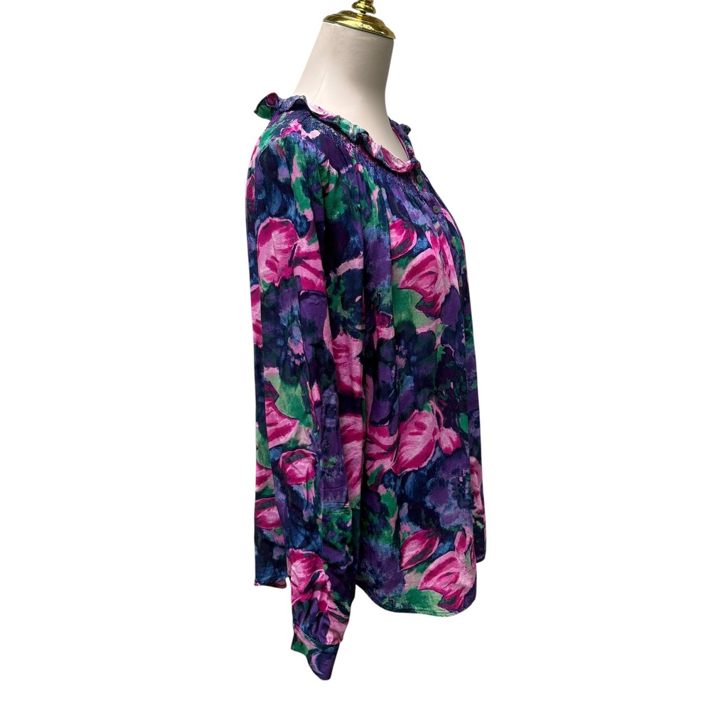 Talbots Floral Blouse XL Purple Pink Smocked Ruffle Neck Watercolor Garden Party - Picture 2 of 9